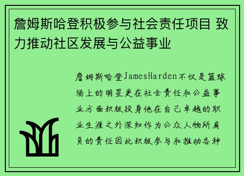 詹姆斯哈登积极参与社会责任项目 致力推动社区发展与公益事业