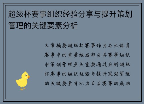 超级杯赛事组织经验分享与提升策划管理的关键要素分析